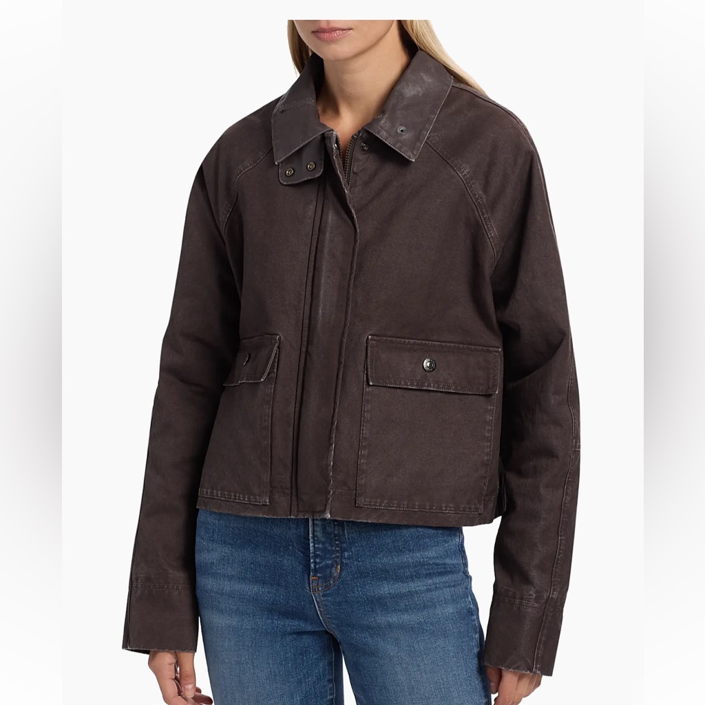 Veronica Beard Dark Brown Leather-Trim Cotton Jacket